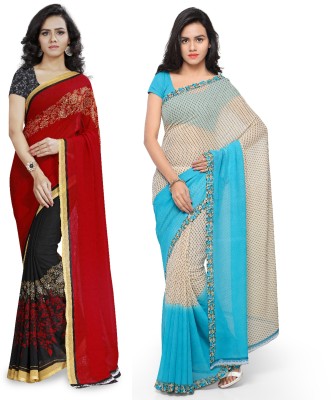 kashvi sarees Printed Bollywood Georgette Saree(Pack of 2, Red, Beige)