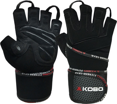 

Kobo Exercise Leather Weight Lifting Grippy Hand Protector Padded With Wrist Support Gym & Fitness Gloves (S, Black)