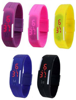 

Fashion Gateway Purple Pink Yellow Nevy Blue and Black Led Magnet Band (pakc of 5) Watch - For Boys & Girls