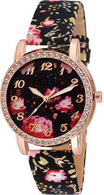 keepkart Flower Printed Rosegold Dial With Black Leather Printed Strap For Woman And Girls Watch  - For Girls   Watches  (Keepkart)