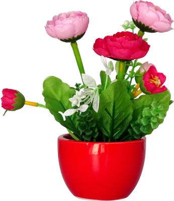 

HOB Pink, Green, Red Ranunculus Artificial Flower with Pot(6.2 inch, Pack of 1)