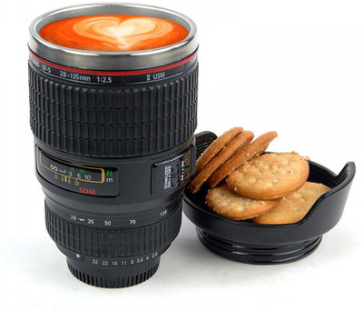 Sphiron Snack Cup Camera Lens Style Gift Stainless Steel, Plastic Mug(400 ml), Black