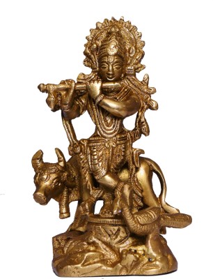 Crafthut Statue Of Lord Krishna With Cow for Blessing , Happiness , Health , Wealth at Home & Office , Handcrafted with Antique Look, Decorative Showpiece  -  12 cm(Brass, Gold)