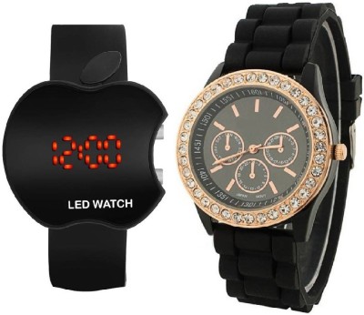 COSMIC geneva BLACK rubber belt crystal studded WITH BLACK APPLE LED CSB- PARTY WEAR Watch  - For Men & Women   Watches  (COSMIC)