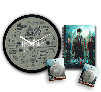 

Mc Sid Razz Official "Harry Potter" Gift Set/Birthday Gift/Return Gift - Combo Pack Of 4, Infographic Grey Wall clock + House Crest 3 Fridge Magnet with Bottle Opener + House Crest 3 Badge and 3D Notebook(Set of 4)