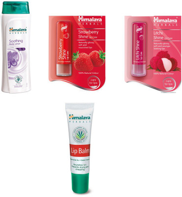 

Himalaya Soothing Body Lotion, Strawberry Shine Lip Care, Litchi Shine Lip Care, Lip Balm(Set of)