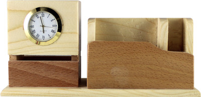 

radius 4 Compartments wood pen stand with clock(Brown)
