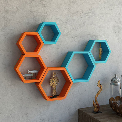 

Decorasia Hexagon Shape MDF Wall Shelf(Number of Shelves - 6, Orange, Blue)