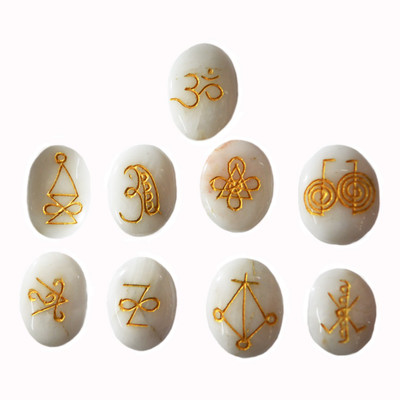 

Reiki Crystal Products White Agate Karuna Reiki Symbol Engraved Set 9pc – Vastu – Feng Shui – Crystal - Reiki Healing Gemstone Decorative Showpiece - 1 cm(Stoneware, White)