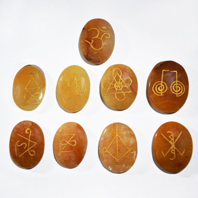 

Reiki Crystal Products Golden Quartz Karuna Reiki Symbol Engraved Set 9pc – Vastu – Feng Shui – Crystal - Reiki Healing Gemstone Decorative Showpiece - 1 cm(Stoneware, Yellow)