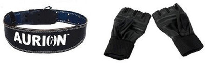 

Aurion Combo of Fitness Gym Glove Made of Real Leather Gloves & Gym belt (32-36) inch waist Wrist Support (M, Black)