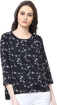 HARPA Casual 3/4 Sleeve Printed Women Black Top
