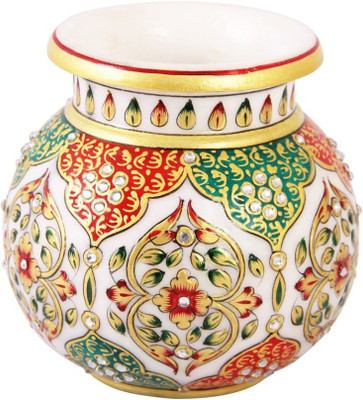 Handicrafts Paradise Round Flower Pot in Marble with red and green painting Stoneware Vase(5 inch, Multicolor)