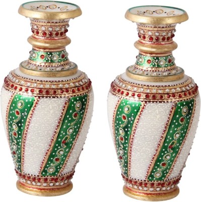 Handicrafts Paradise Flower Pot pair painted in green meena work Stoneware Vase(6 inch, Multicolor)