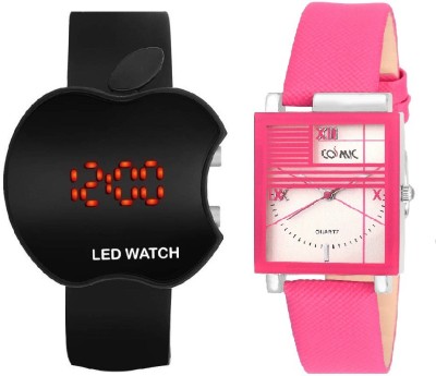 COSMIC combo of two - black apple led and designer dark pink ladies fashionable Watch  - For Men & Women   Watches  (COSMIC)