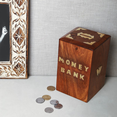 

Unravel India Handicraft rectangular wooden Money Bank Coin Bank(Brown)