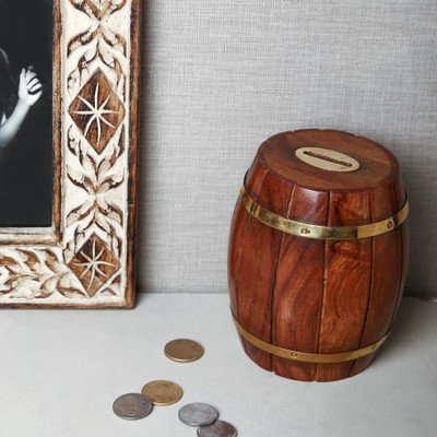 

Unravel India Barrel wooden Money Bank Coin Bank(Brown)