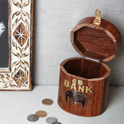 

Unravel India Handicraft circular wooden Money Bank Coin Bank(Brown)