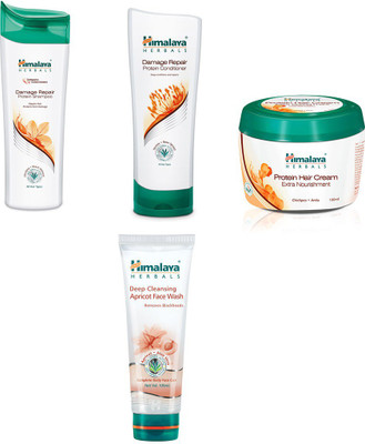 Himalaya damage repair protein shampoo, damage repair protein conditioner, protein hair cream, deep cleasing apricot face wash(Set of)