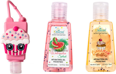 

kleanse Kleanse's Advanced Instant Hand Sanitizer - anti-bacterialn Water melon & Cinnamon Muffins sanitizer Gel with 3D holder(30 ml, Pack of 3)