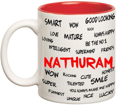 

Chanakya Good Personality Nathuram Inner Red Cofffee Name Ceramic Mug(350 ml), Red;white