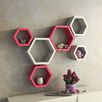 

Decorasia Hexagon Shape MDF Wall Shelf(Number of Shelves - 6, White, Pink)