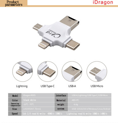 

Memore 4 in 1 OTG Card Reader Four ports lightning + Type C + Micro USB + USB Card reader Card Reader(White)