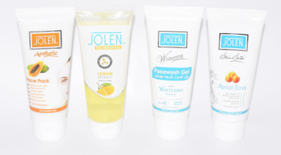 

Jolen WOMEN DELIGHTING COMBO PACK TOTAL BEAUTY SOLUTION WITH FACEWASH NOURISHMENT AND WHITENING ,FRUIT FACE PACK AND SCRUB SET OF 4(Set of 4)