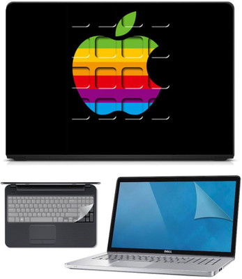 FineArts 3in1 Combo of Premium Quality, HD, UV Printed, Laminated, Protected, Bubble Free, Scratchproof, Washable, Easy to Install Laptop Skin/Sticker/Vinyl/Cover for 15.6 inches on 3M Vinyl with Screen Guard and Key Protector (Apple on Black) Combo Set