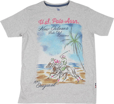 

US Polo Kids Boys Printed Cotton T Shirt(Grey, Pack of 1, Grey melange
