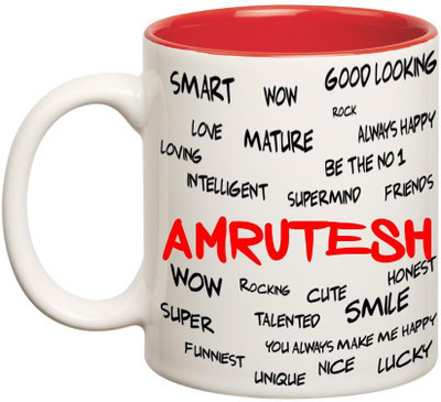 

Chanakya Good Personality Amrutesh Inner Red Cofffee Name Ceramic Mug(350 ml), Red;white