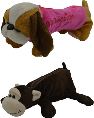 Hrinkar Cartoon Pencil Pouch Animal and Animal Art Plastic Pencil Boxes(Set of 2, Pink, Yellow, Brown, White, Brown, White)