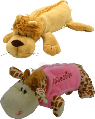 

Hrinkar Cartoon Pencil Pouch Animal and Animal Art Plastic Pencil Boxes(Set of 2, Brown, Pink, Brown, White)