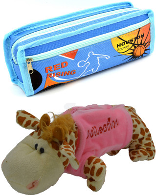 Hrinkar Cartoon Pencil Pouch Printed and Animal Art Plastic Pencil Boxes(Set of 2, Blue, Pink, Brown, White)