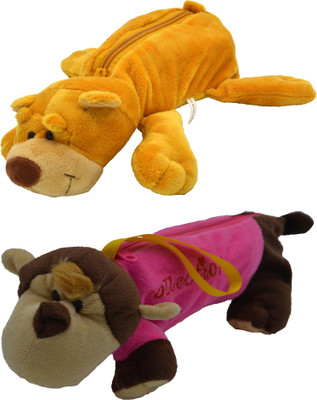 

Hrinkar Cartoon Pencil Pouch Animal and Animal Art Plastic Pencil Boxes(Set of 2, Brown, Pink, Brown, White)