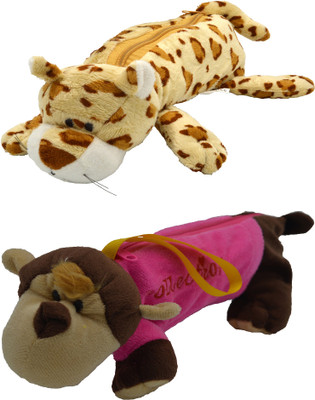 

Hrinkar Cartoon Pencil Pouch Animal and Animal Art Plastic Pencil Boxes(Set of 2, Brown, Pink, Brown, White)