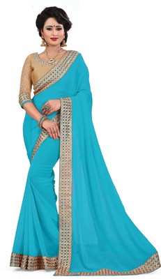 Saumya Designer Embroidered Fashion Faux Georgette Saree(Light Blue) Flipkart