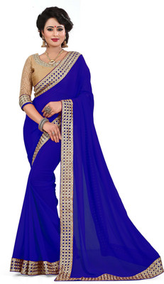 Saumya Designer Embroidered Fashion Faux Georgette Saree(Blue) Flipkart