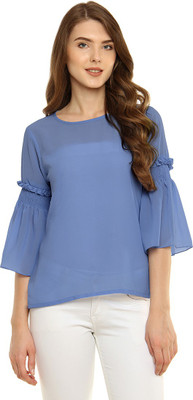 Miss Chase Casual Bell Sleeve Solid Women Blue Top