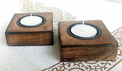 

EOAN INTERNATIONAL Wooden Tealight Holder - Set of 2 Candle(Brown, Pack of 2)