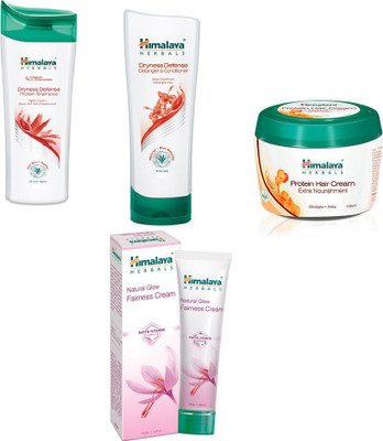 

Himalaya dryness defense protein shampoo, dryness defense protein conditioner,protein hair cream, fairness cream(Set of 4)