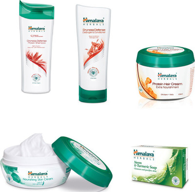 

Himalaya dryness defense protein shampoo, dryness defense protein conditioner,protein hair cream, nourishing skin cream , neem soap(Set of 5)