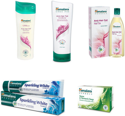 

Himalaya anti hair fall shampoo, anti hair fall conditioner, anti hair fall hair oil, sparkling white paste, neem soap(Set of 5)