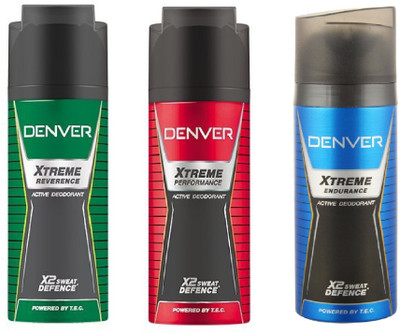 

Denver Xtreme Reverence, Performance And Endurance Active Deodorant X2 Sweat Defence 150ML Each Body Spray - For Men & Women(450 ml, Pack of 3)