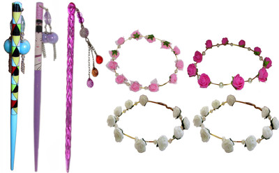 

MUKKU combo of juda sticks with Floral Tiara Hair Accessory Set(Multicolor)