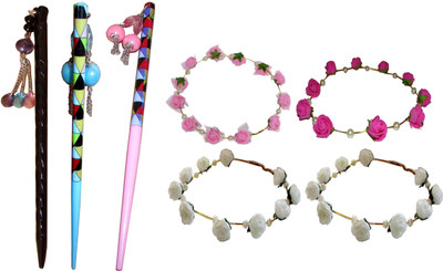 

MUKKU combo of juda sticks with Floral Tiara Hair Accessory Set(Multicolor)