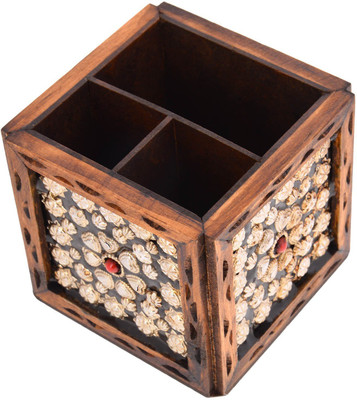 

HOUZZPLUS 3 Compartments WOODEN PEN STAND(Brown)