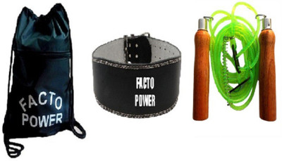

FACTO POWER BACK PACK BAG, LEATHER FITNESS BELT AND WOODEN HANDLE GREEN COLOR SKIPPING ROPE Gym & Fitness Kit