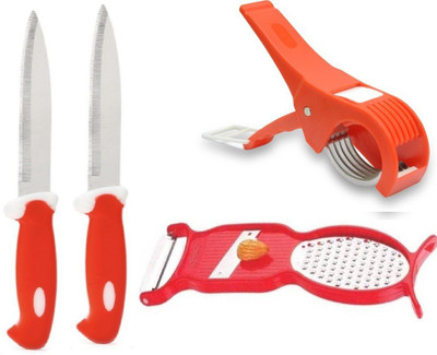

Jen 4 pcs Combo of 2 knifes, 1 Veg. Cutter and 1 Peeler 4 Pcs Combo - (Red) Red Kitchen Tool Set(Red)
