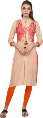 Pankhurry Women Embroidered, Solid Frontslit Kurta(Beige)